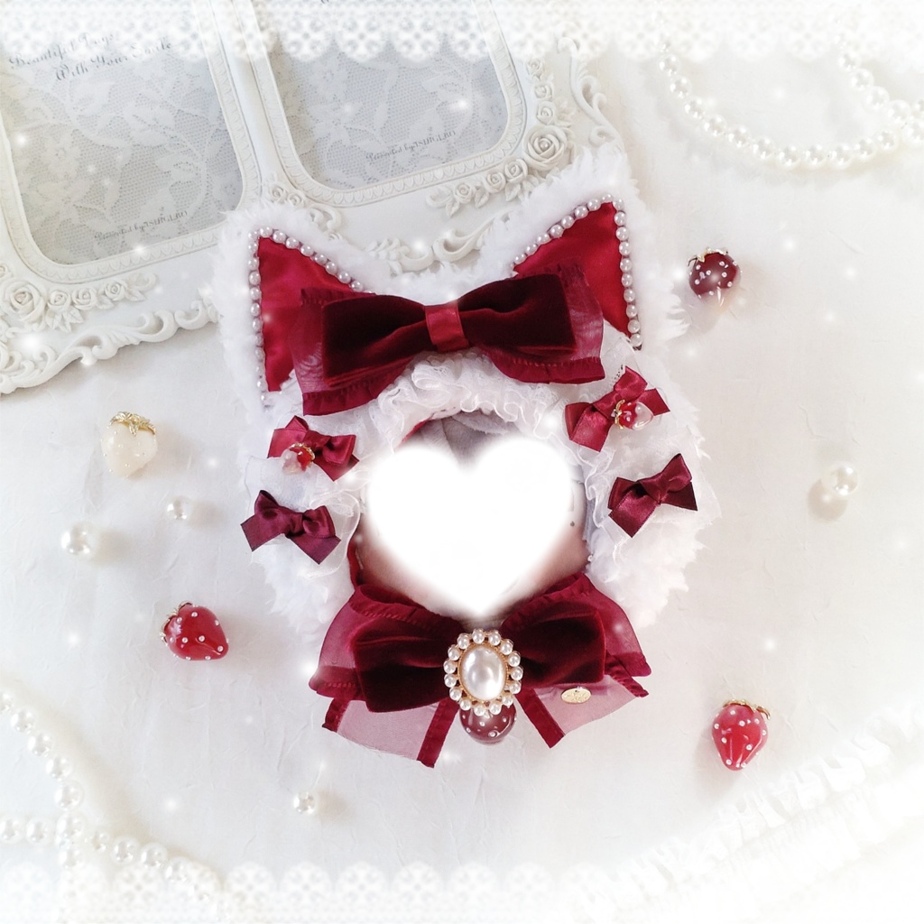 【頭囲25〜27cm】Strawberry Party ボルドーベロアリボンの白猫ちゃん