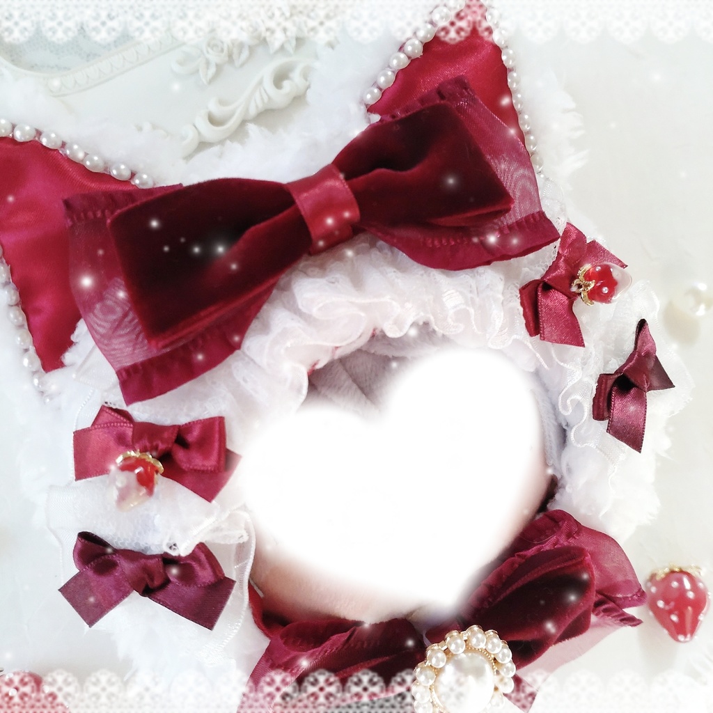 【頭囲25〜27cm】Strawberry Party ボルドーベロアリボンの白猫ちゃん