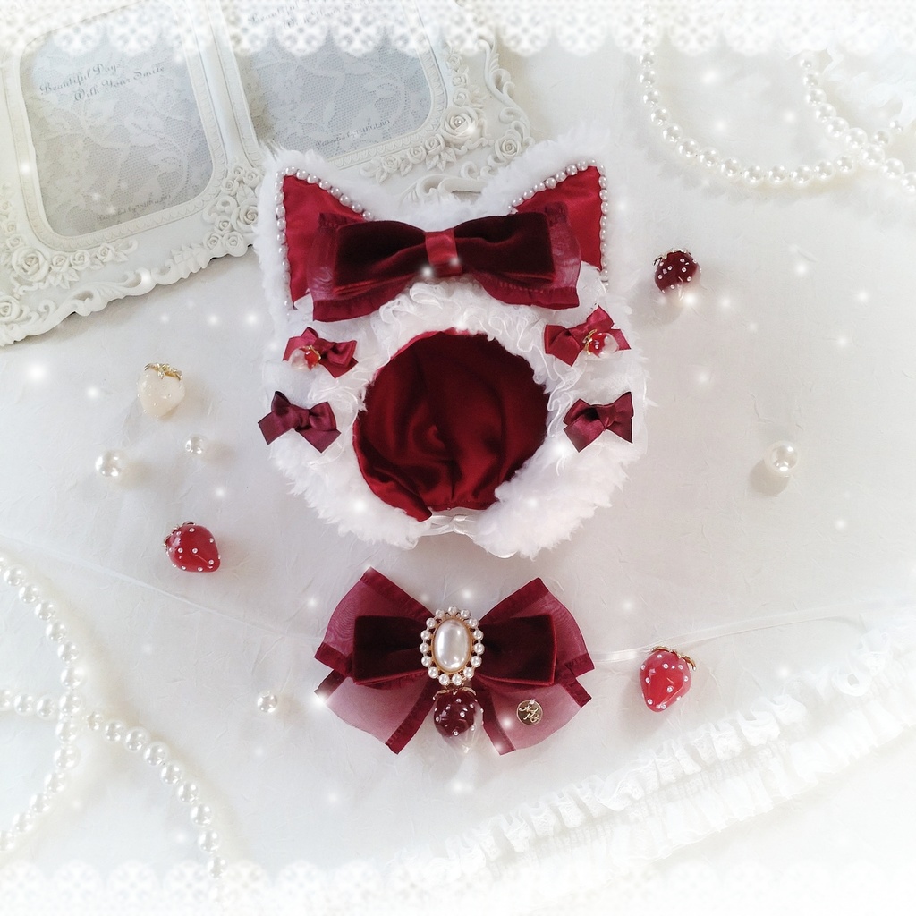 【頭囲25〜27cm】Strawberry Party ボルドーベロアリボンの白猫ちゃん