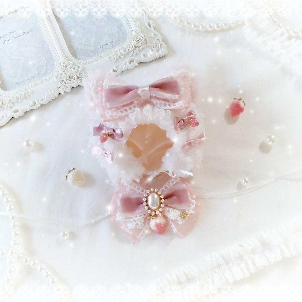 【11〜13cm】Strawberry Party レースとベロアリボンのピンク耳猫ちゃん