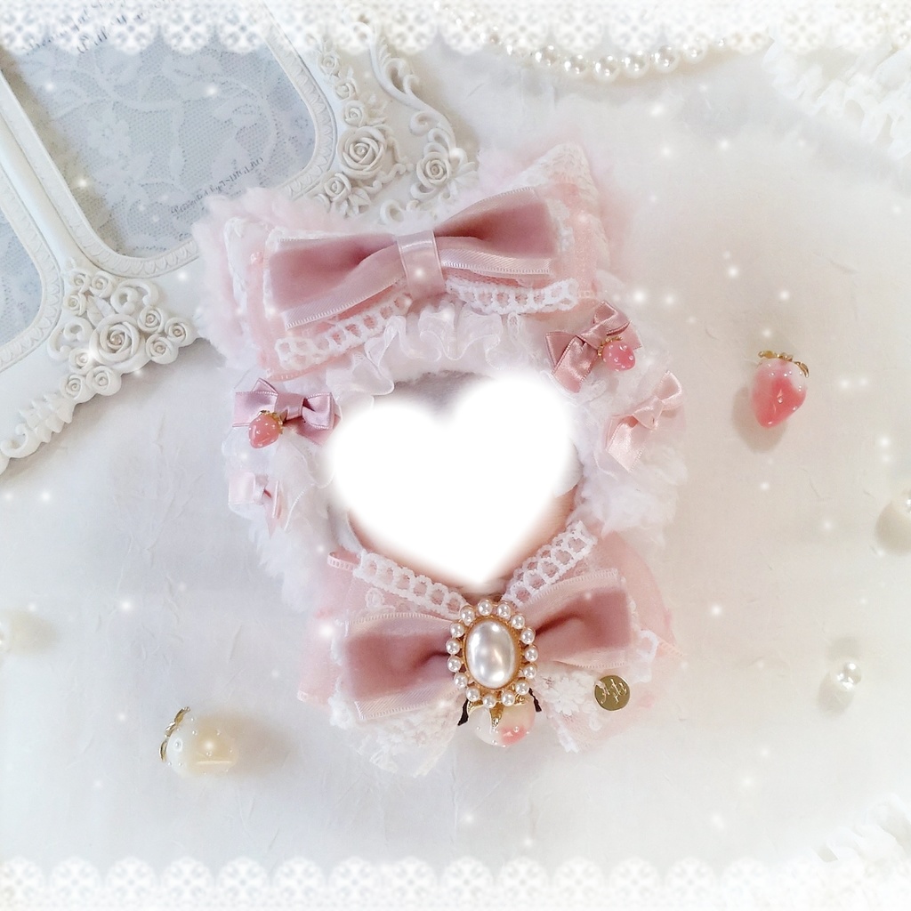 【11〜13cm】Strawberry Party レースとベロアリボンのピンク耳猫ちゃん