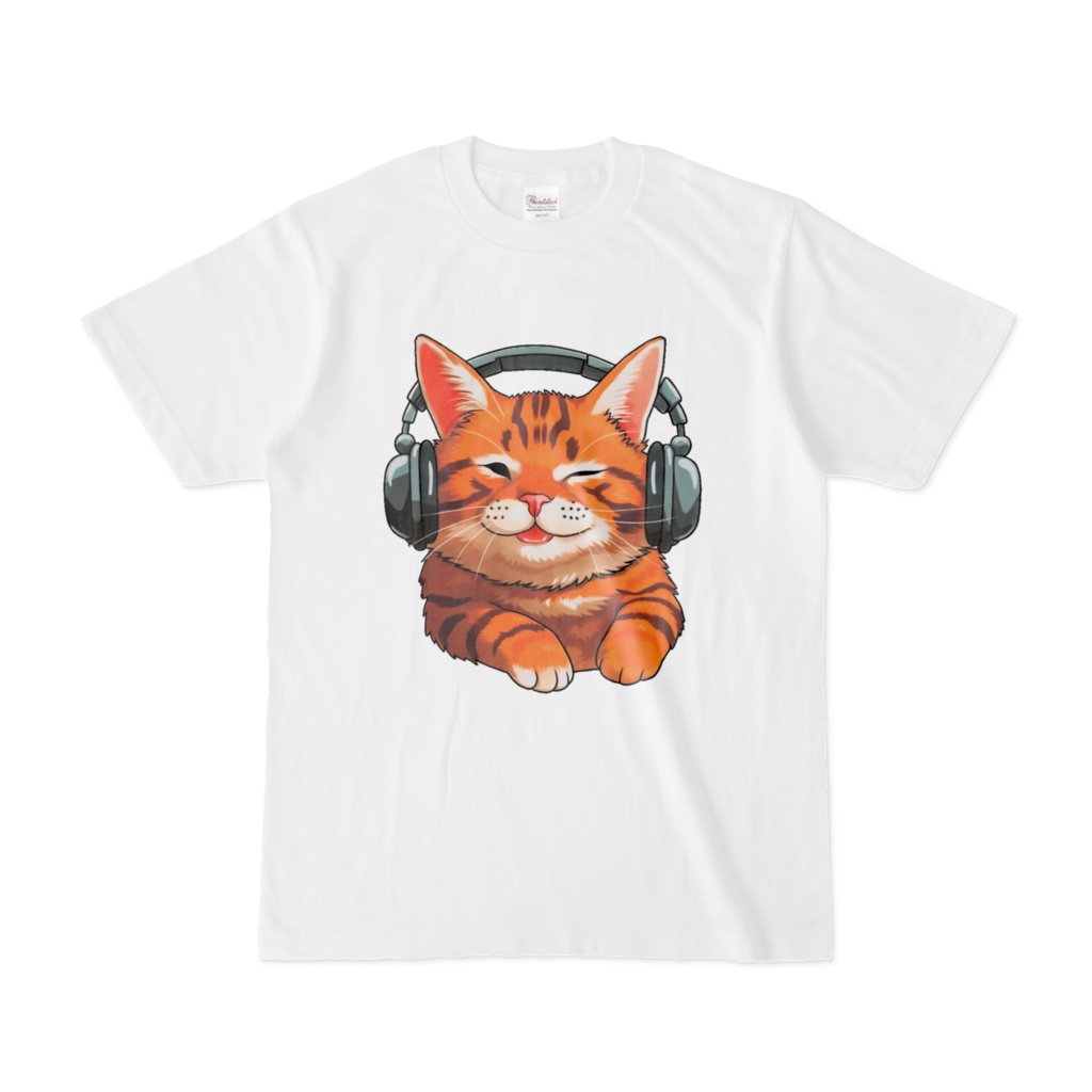 音楽を聴くネコ-Tシャツ(白)
