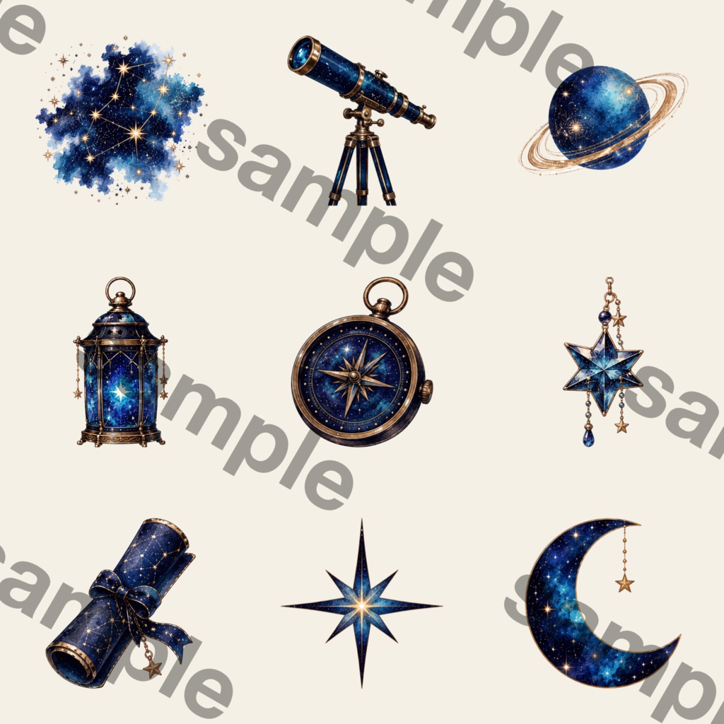 星空 水彩クリップアートセット 魔法使い 魔女 黒猫 天体 三日月 星座 ファンタジー PNG素材 ウィッチコア ジャンクジャーナル デジタルダウンロード