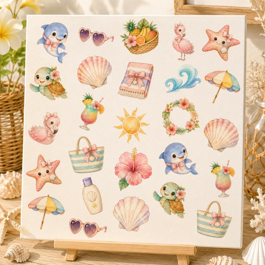 【お試し】スイートサマー 水彩クリップアートセット マーメイド イルカ ビーチ 貝殻 トロピカル 夏 PNG素材 スクラップブック ベビーシャワー デジタルダウンロード