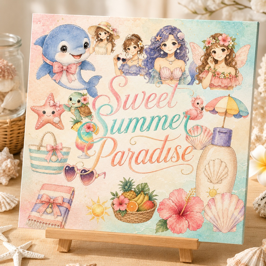 【お試し】スイートサマー 水彩クリップアートセット マーメイド イルカ ビーチ 貝殻 トロピカル 夏 PNG素材 スクラップブック ベビーシャワー デジタルダウンロード