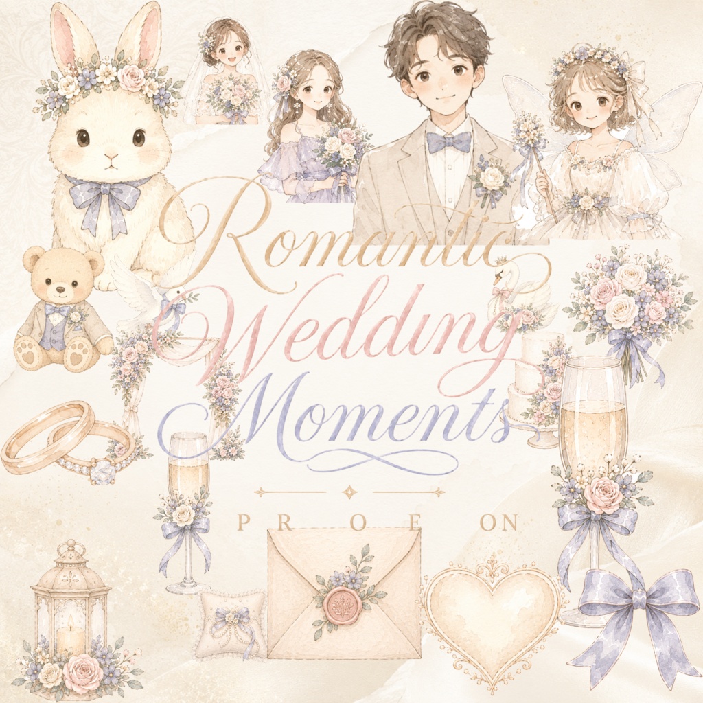 ロマンティック ウェディング 水彩クリップアートセット 新郎新婦 ブーケ 妖精 うさぎ ウェディングリング PNG素材 結婚式 ペーパーアイテム デジタルダウンロード