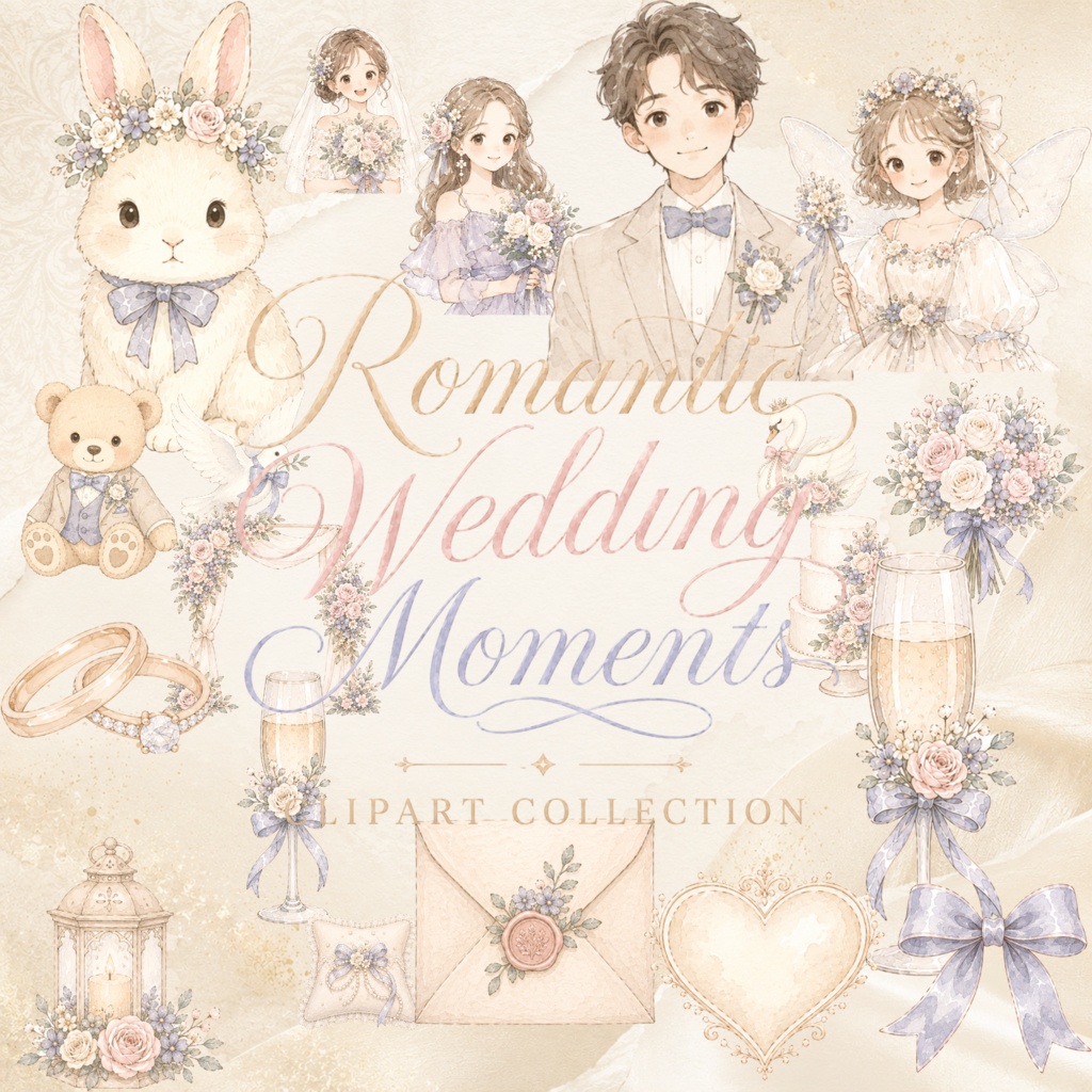 ロマンティック ウェディング 水彩クリップアートセット 新郎新婦 ブーケ 妖精 うさぎ ウェディングリング PNG素材 結婚式 ペーパーアイテム デジタルダウンロード