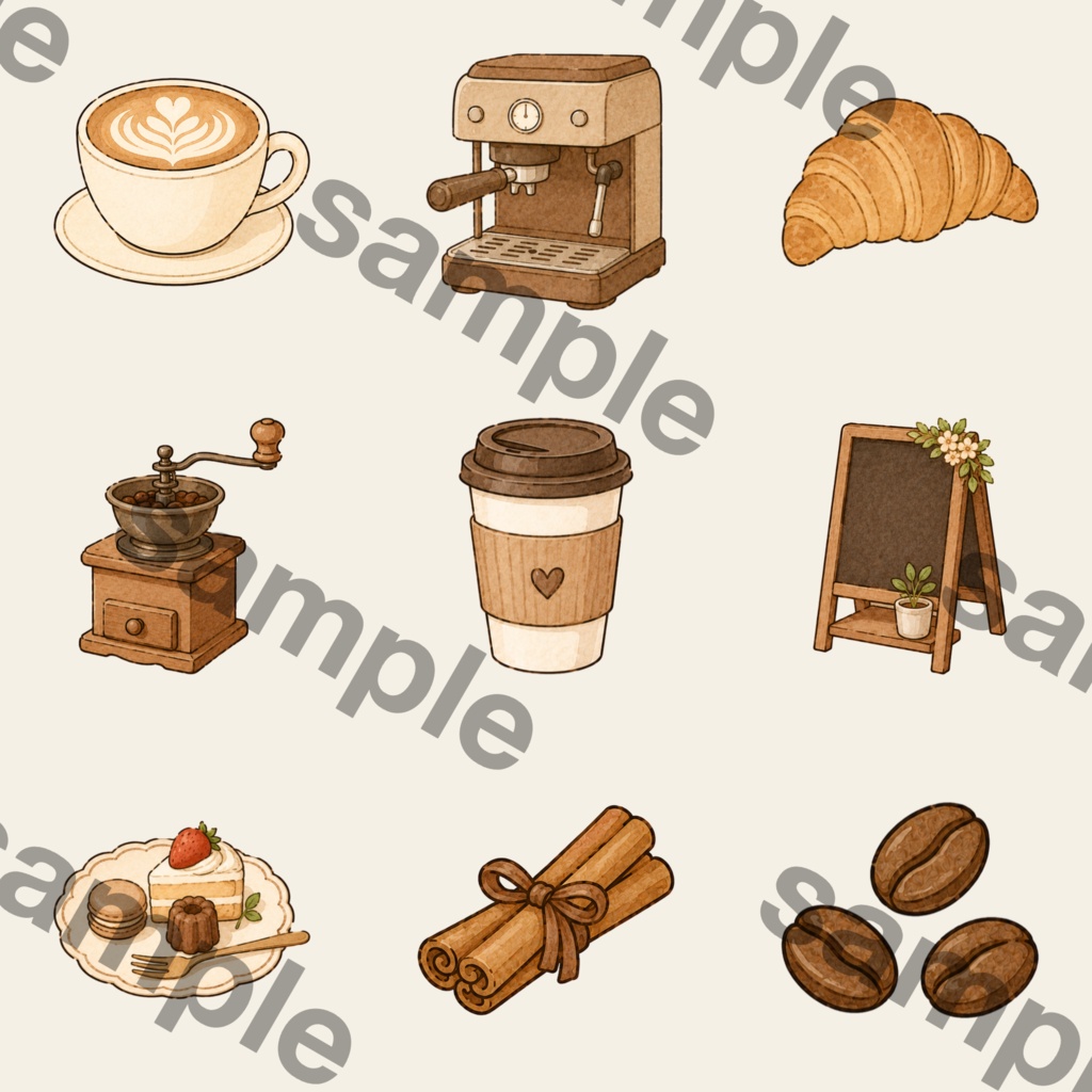 コーヒー&スイーツ 水彩クリップアートセット カフェ バリスタ クロワッサン コーヒー ベーカリー PNG素材 ショップデザイン デジタルダウンロード