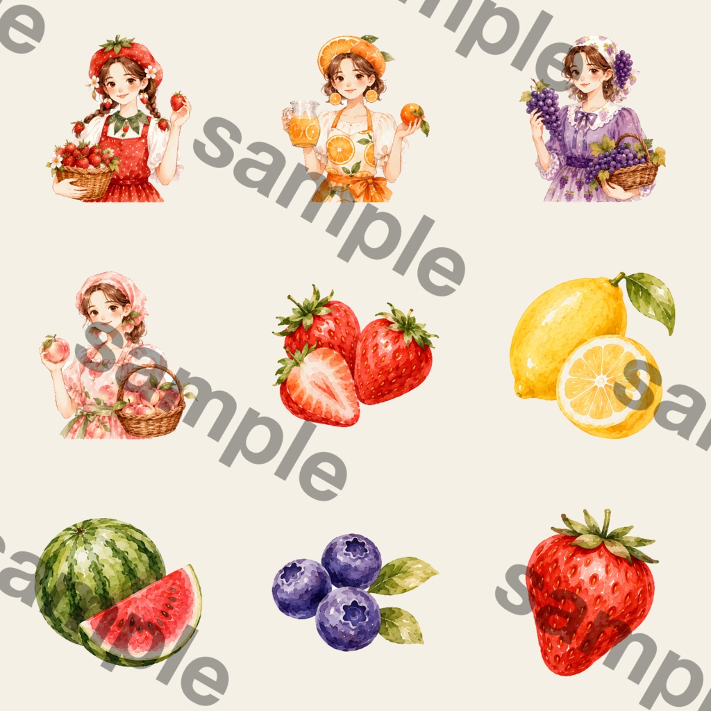 フレッシュフルーツマーケット 水彩クリップアートセット いちご ぶどう オレンジ スイカ フルーツガール PNG素材 カフェ パッケージ デジタルダウンロード