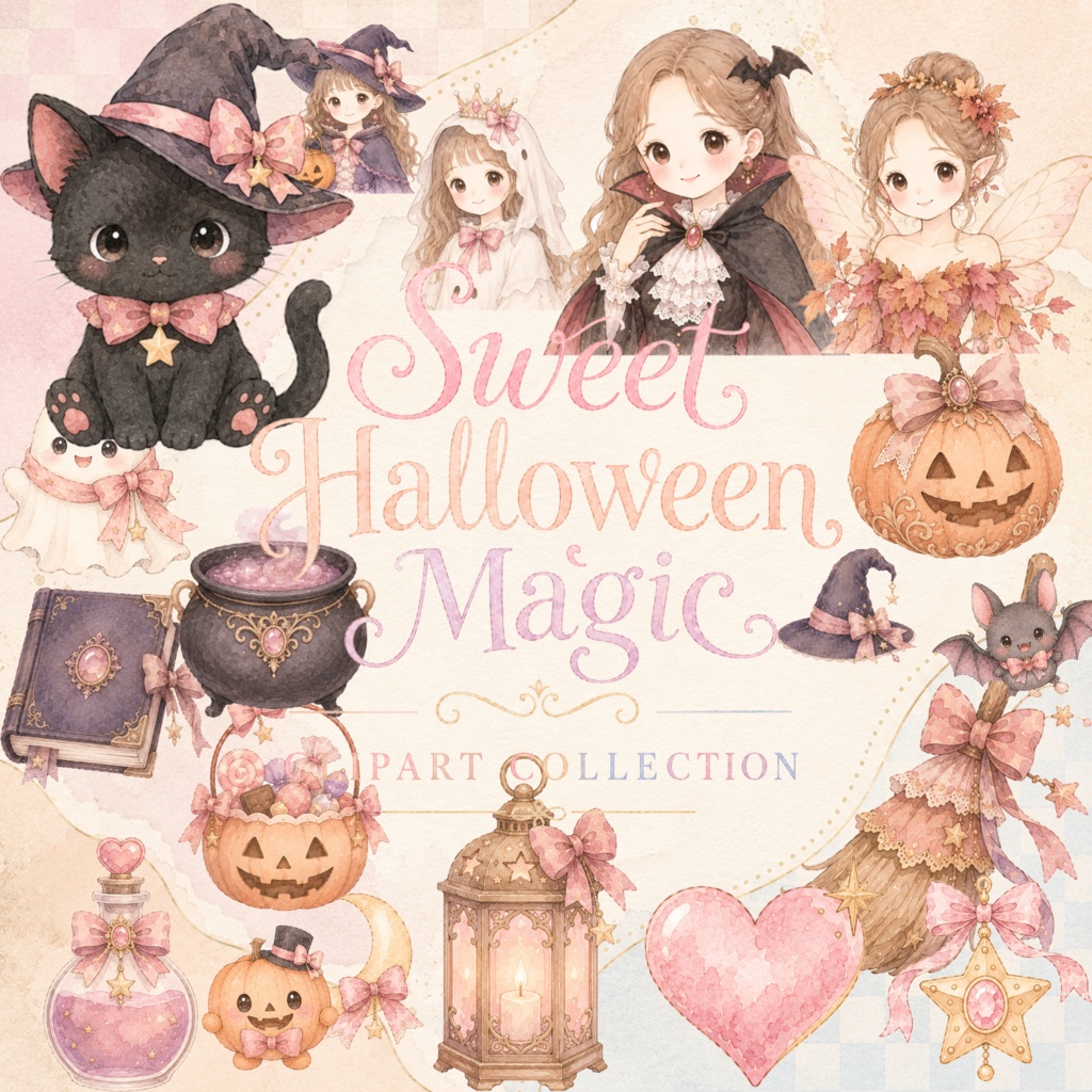 スイートハロウィン 水彩クリップアートセット 黒猫 魔女 ジャックオランタン 妖精 魔法 PNG素材 パステルハロウィン スクラップブック デジタルダウンロード