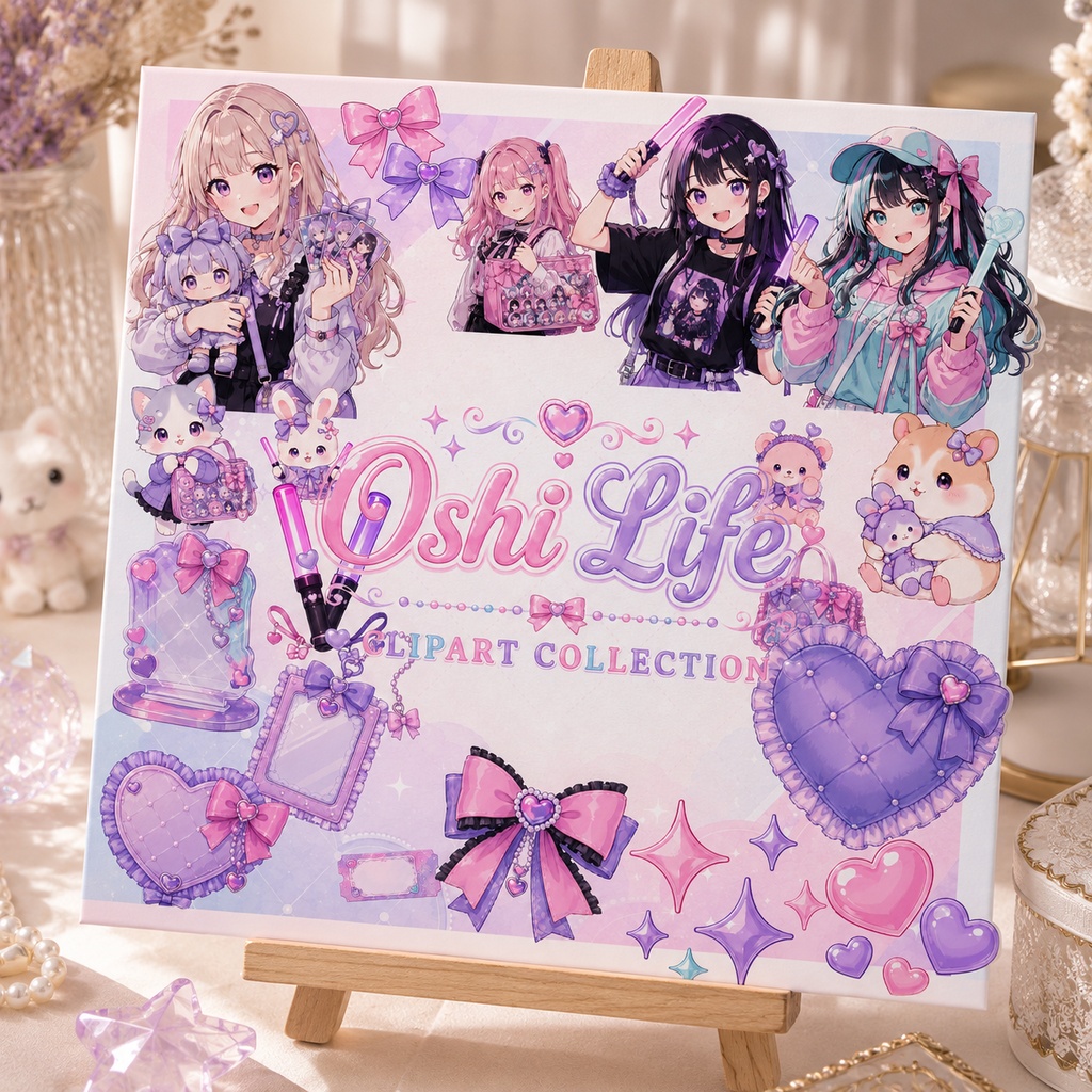 推し活 水彩クリップアートセット ペンライト 痛バッグ トレカ リボン ハート Kawaii アニメ風 PNG素材 ステッカー デジタルダウンロード