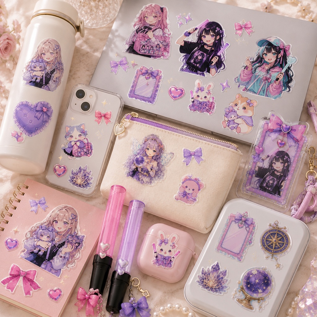 推し活 水彩クリップアートセット ペンライト 痛バッグ トレカ リボン ハート Kawaii アニメ風 PNG素材 ステッカー デジタルダウンロード
