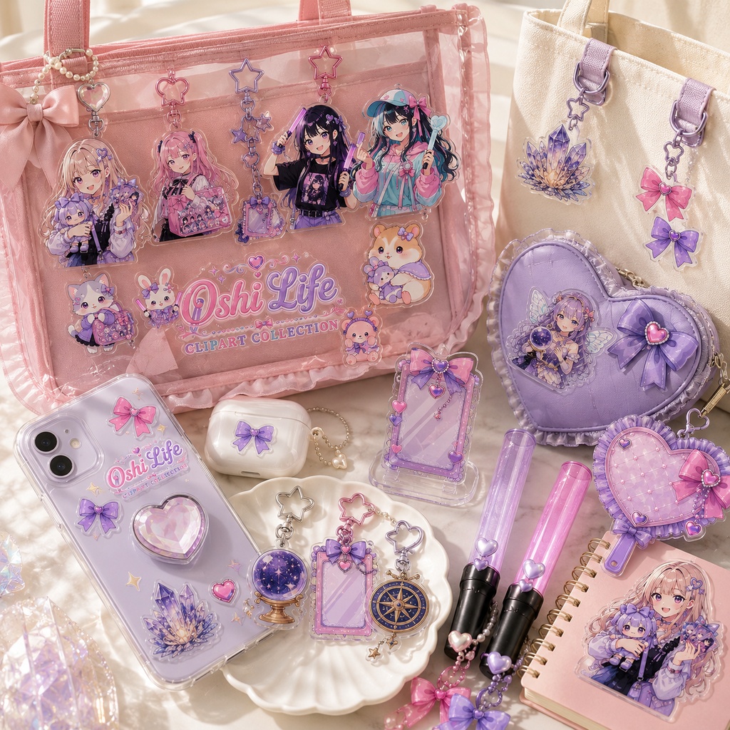推し活 水彩クリップアートセット ペンライト 痛バッグ トレカ リボン ハート Kawaii アニメ風 PNG素材 ステッカー デジタルダウンロード