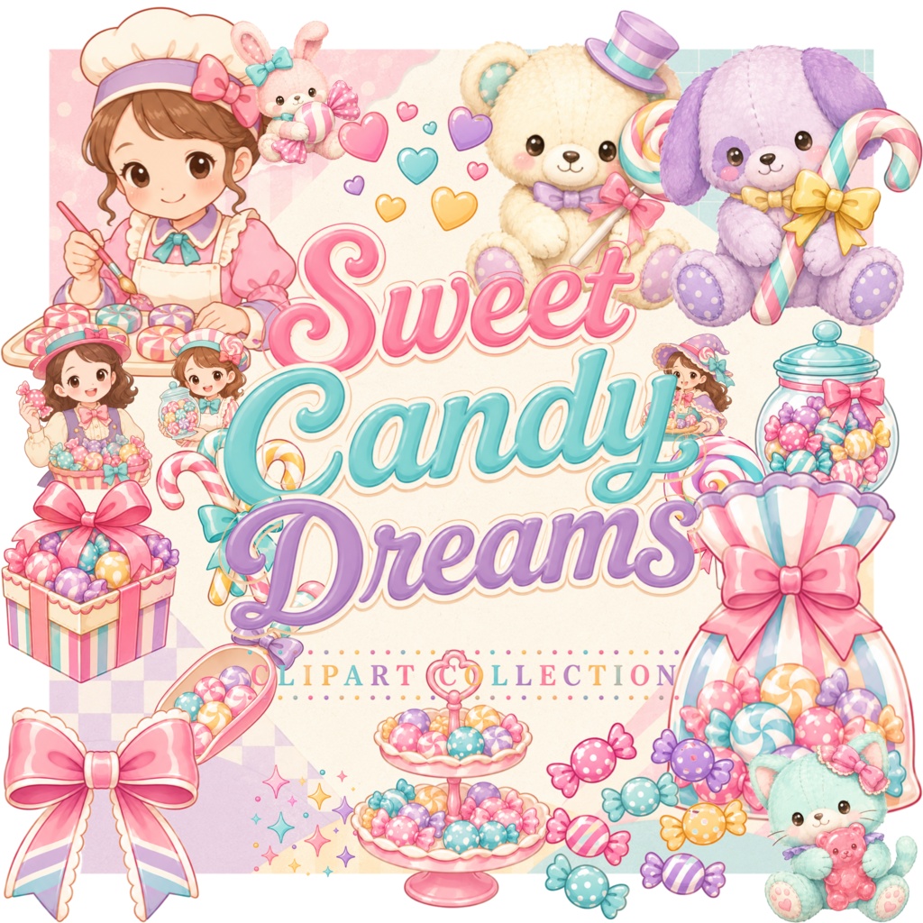 スイートキャンディ 水彩クリップアートセット キャンディ ロリポップ くま うさぎ パステルスイーツ Kawaii PNG素材 ステッカー デジタルダウンロード