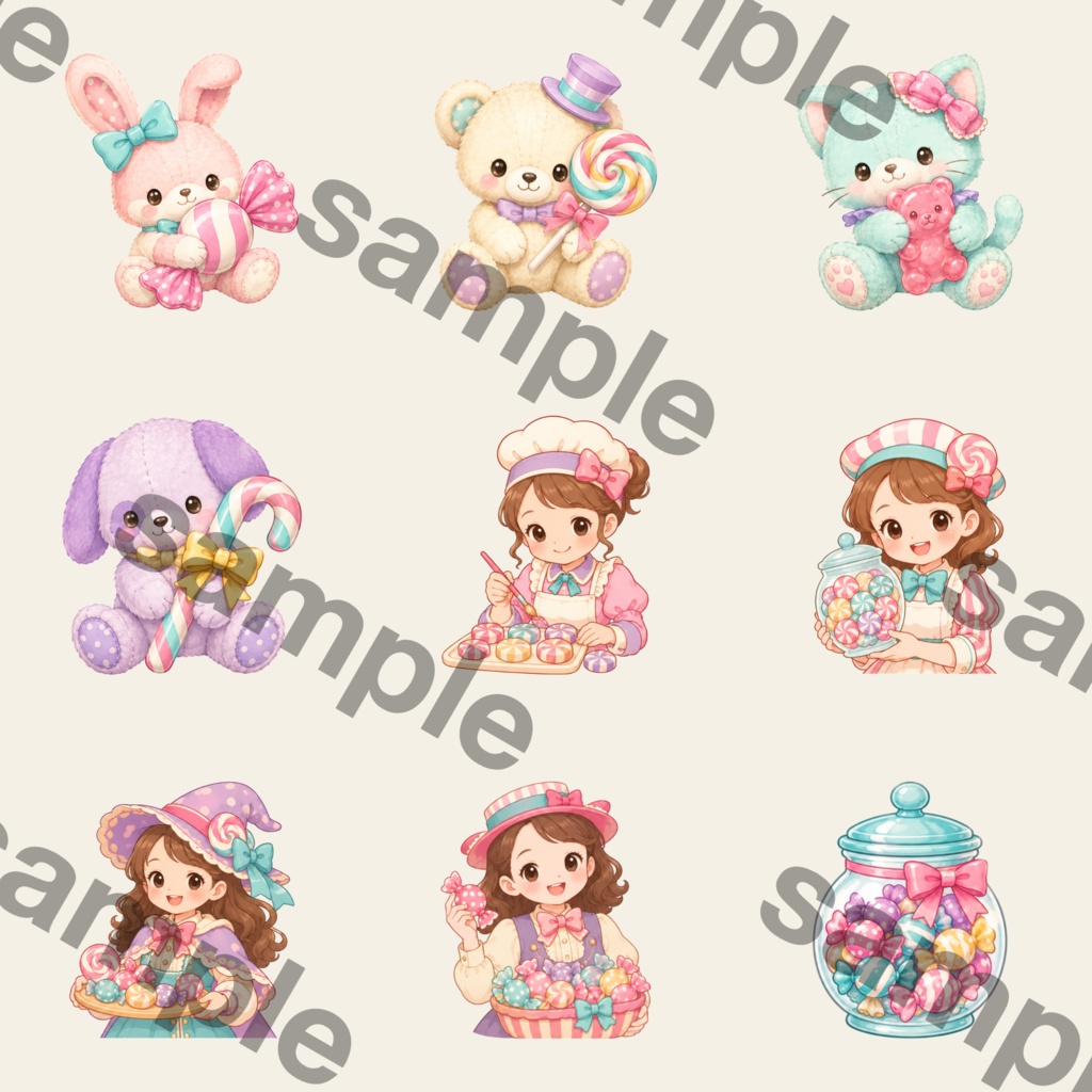スイートキャンディ 水彩クリップアートセット キャンディ ロリポップ くま うさぎ パステルスイーツ Kawaii PNG素材 ステッカー デジタルダウンロード