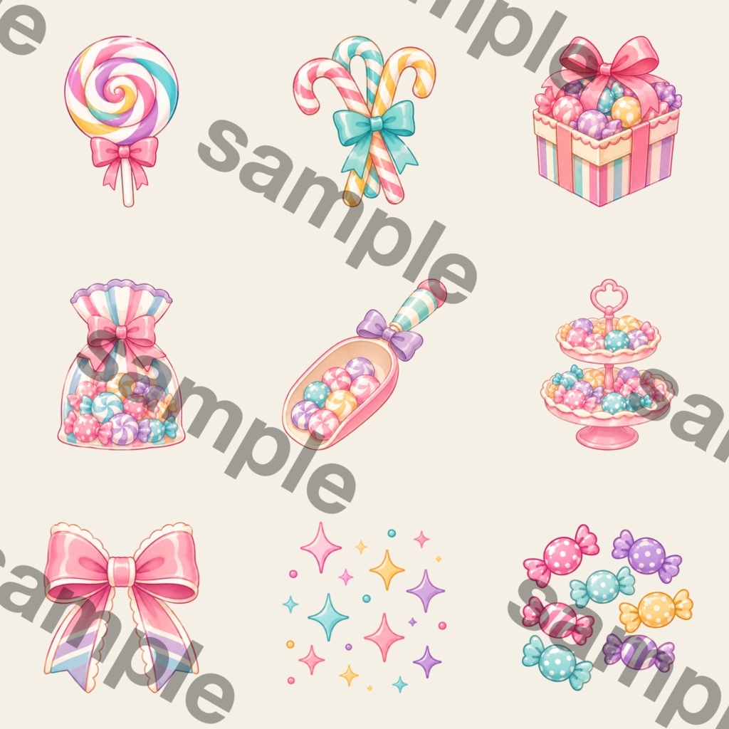 スイートキャンディ 水彩クリップアートセット キャンディ ロリポップ くま うさぎ パステルスイーツ Kawaii PNG素材 ステッカー デジタルダウンロード