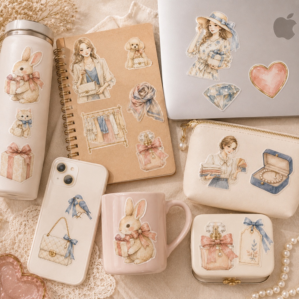 ショッピング 水彩クリップアートセット ファッション ギフト ハンドバッグ リボン ジュエリー うさぎ 大人かわいい PNG素材 ステッカー デジタルダウンロード