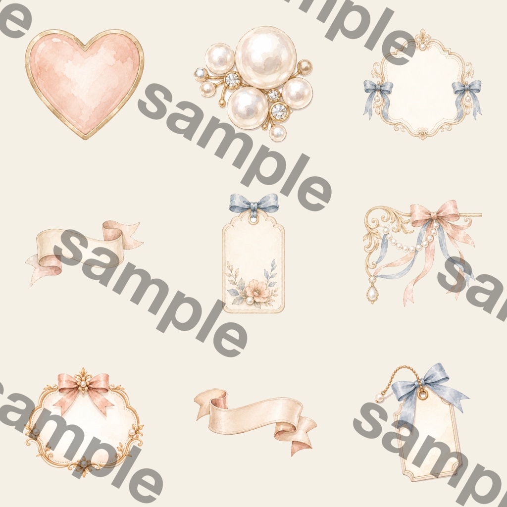 ショッピング 水彩クリップアートセット ファッション ギフト ハンドバッグ リボン ジュエリー うさぎ 大人かわいい PNG素材 ステッカー デジタルダウンロード