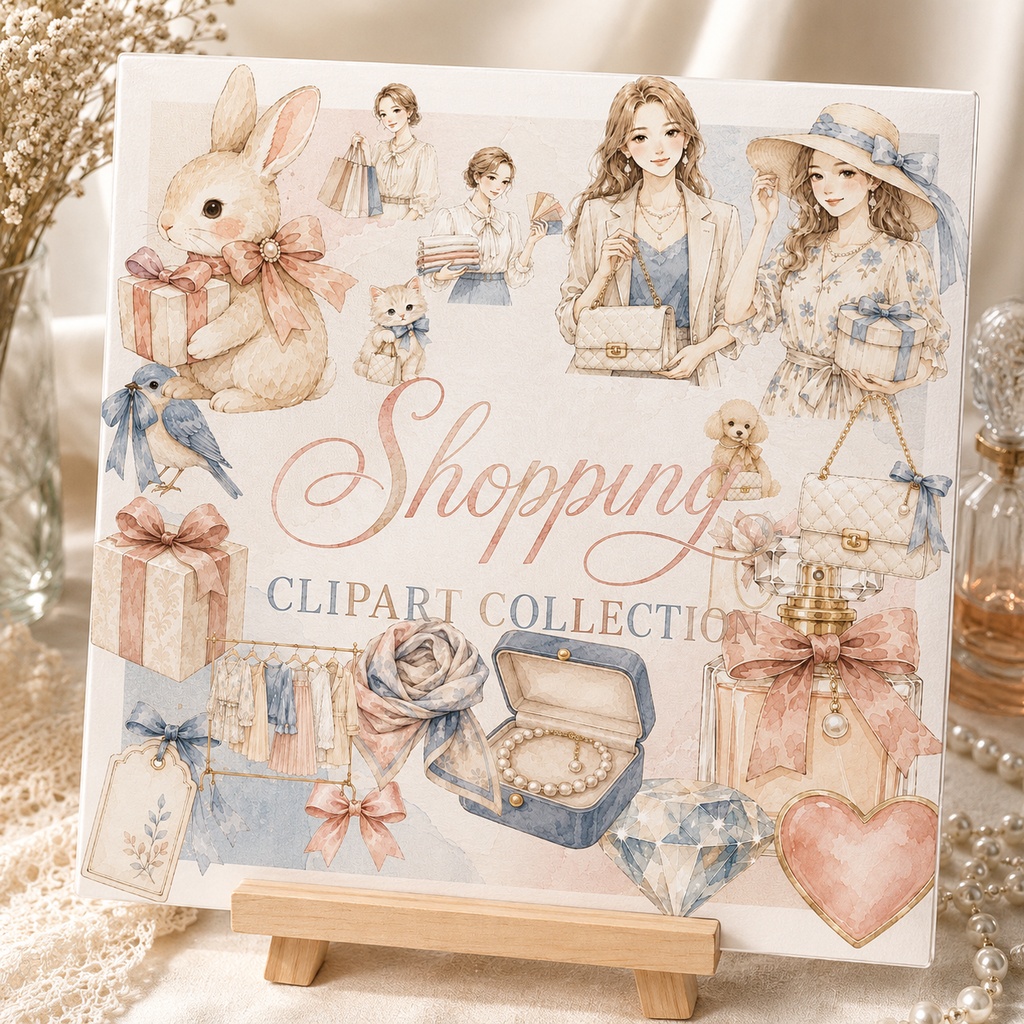 ショッピング 水彩クリップアートセット ファッション ギフト ハンドバッグ リボン ジュエリー うさぎ 大人かわいい PNG素材 ステッカー デジタルダウンロード
