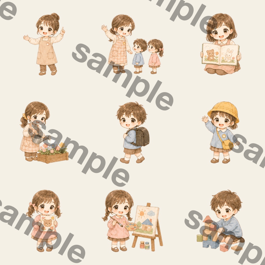 入園・幼稚園クリップアート素材集|水彩キッズ&保育モチーフ|PNGデジタル素材