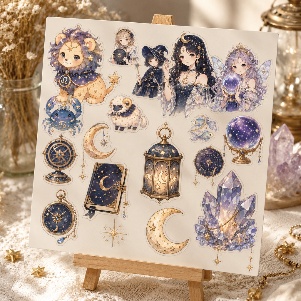占星術 水彩クリップアートセット 星座 月 水晶 魔法使い 妖精 セレスティアル PNG素材 ファンタジー素材 ステッカー デジタルダウンロード
