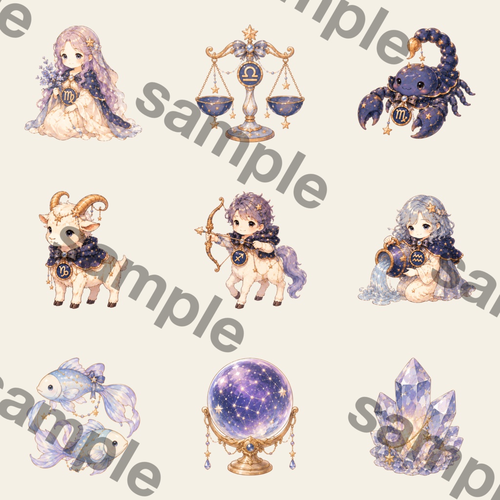 占星術 水彩クリップアートセット 星座 月 水晶 魔法使い 妖精 セレスティアル PNG素材 ファンタジー素材 ステッカー デジタルダウンロード