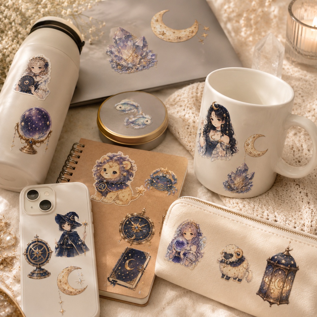 占星術 水彩クリップアートセット 星座 月 水晶 魔法使い 妖精 セレスティアル PNG素材 ファンタジー素材 ステッカー デジタルダウンロード
