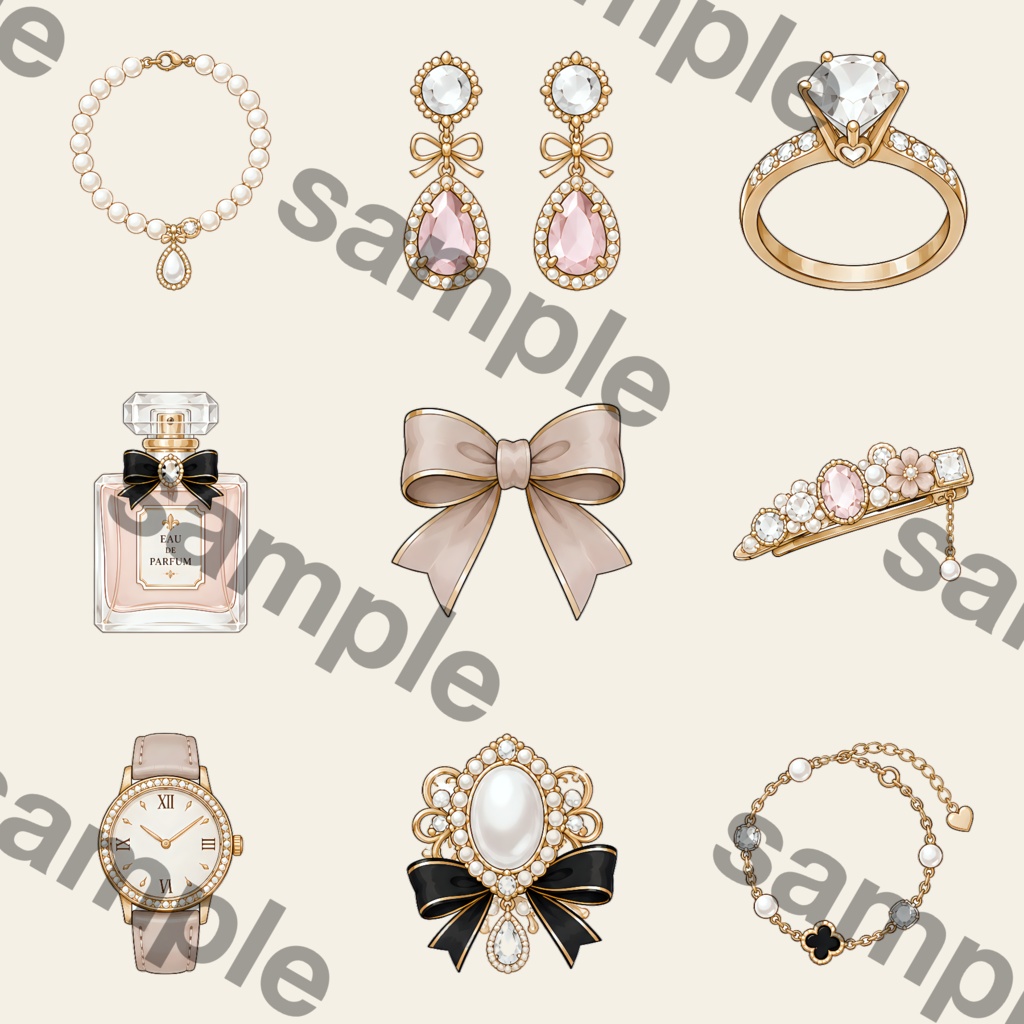 ときめく上品デザイン|パールとアクセサリーの水彩クリップアート デジタル素材