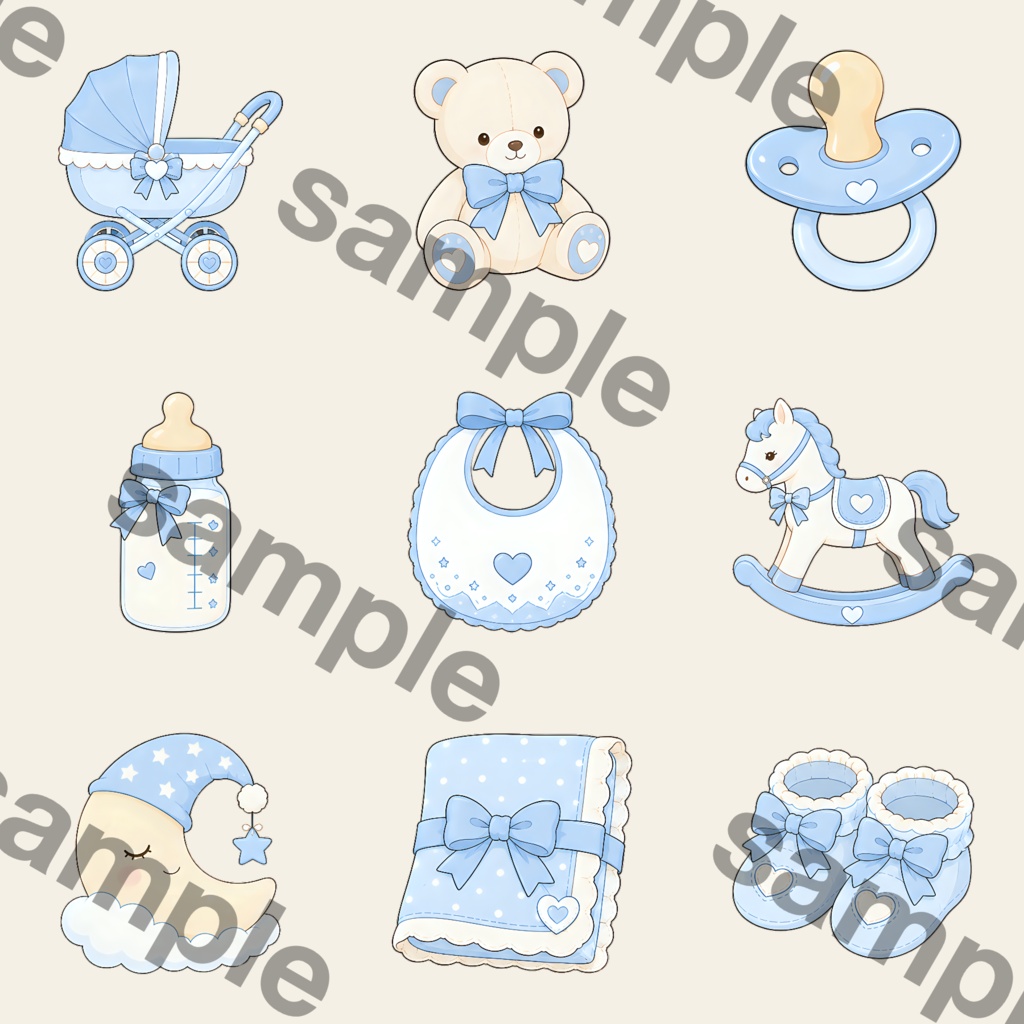 赤ちゃんの毎日をやさしく彩る|ペールブルーのベビー水彩クリップアート デジタル素材
