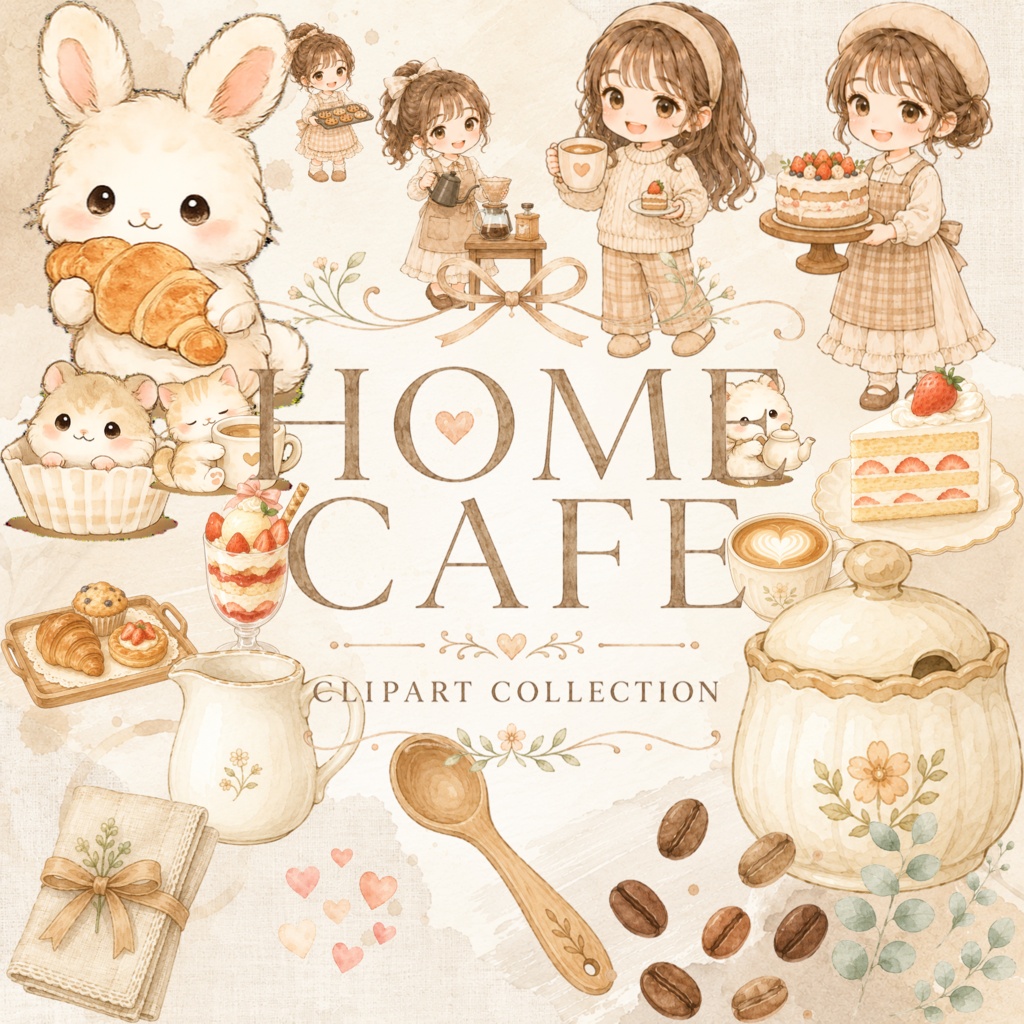ほっと癒されるおうちカフェ気分|うさぎとスイーツの水彩クリップアート素材 Canvaで使えるデジタル商品