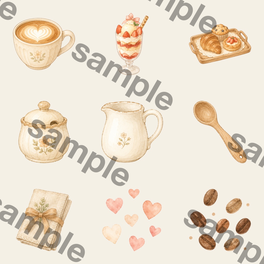 ほっと癒されるおうちカフェ気分|うさぎとスイーツの水彩クリップアート素材 Canvaで使えるデジタル商品