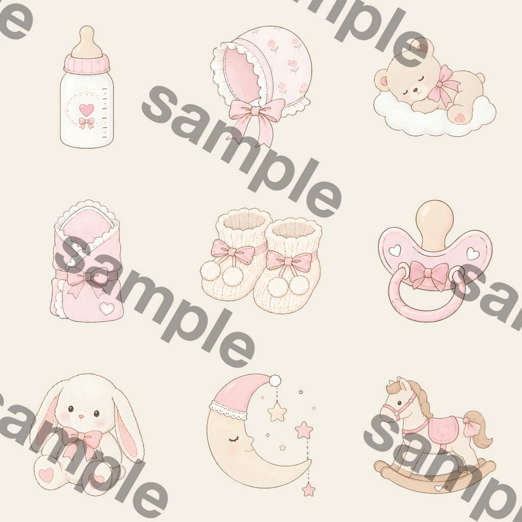 ふんわり可愛いベビー時間を彩る|ピンクのベビー水彩クリップアート デジタル素材
