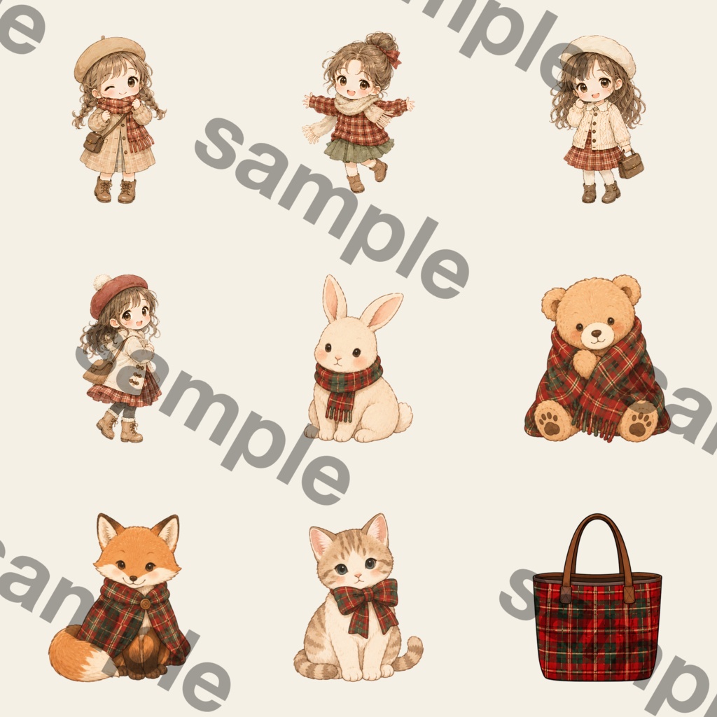 心まであたたまる冬デザイン|タータンチェック水彩クリップアート素材 Canvaで使えるデジタル商品