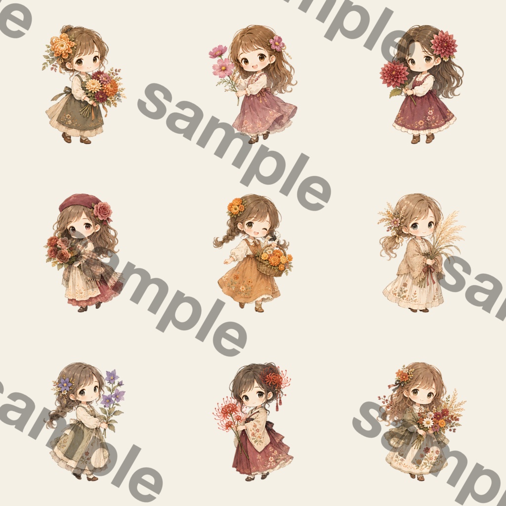 ほっこり秋時間♪花と小動物の水彩風クリップアート|Canvaで使えるPNGデジタル素材