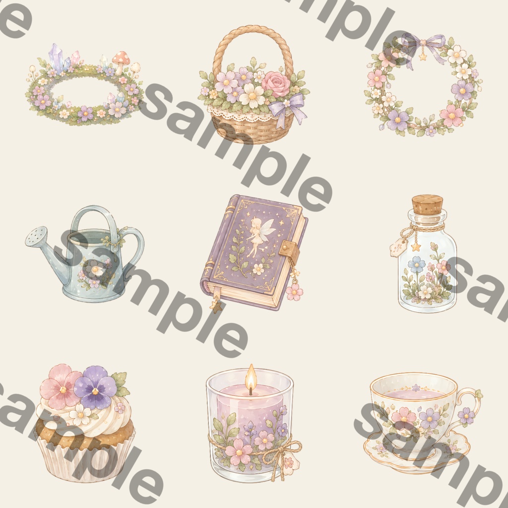 癒しのフェアリーガーデン素材|花と動物の水彩風PNG・Canvaで使えるデジタル素材