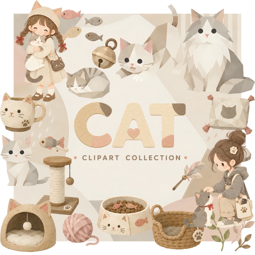 まったり猫時間を楽しむ｜ローポリ風猫クリップアート PNG・Canvaで使えるデジタル素材
