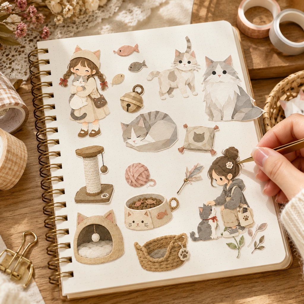 まったり猫時間を楽しむ|ローポリ風猫クリップアート PNG・Canvaで使えるデジタル素材