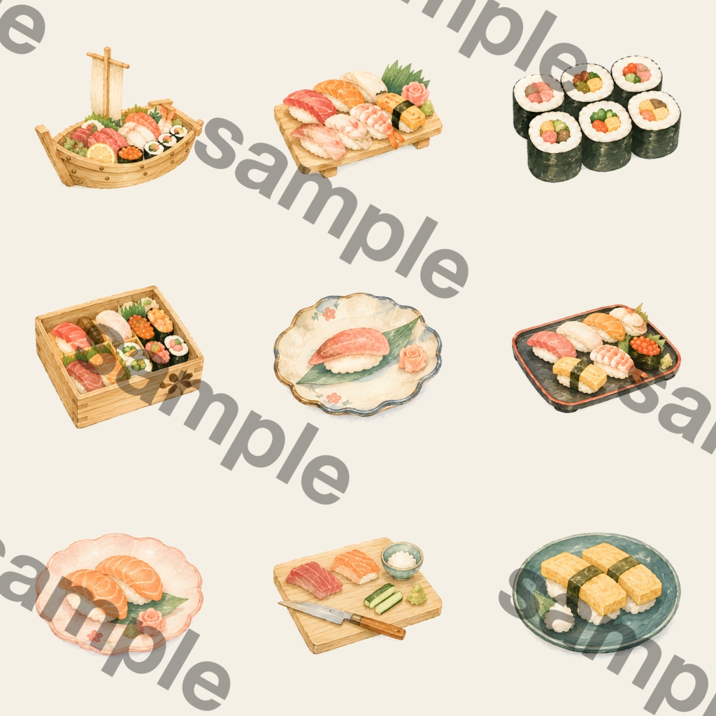 お寿司クリップアート素材集|かわいい和食イラスト|PNGデジタル素材