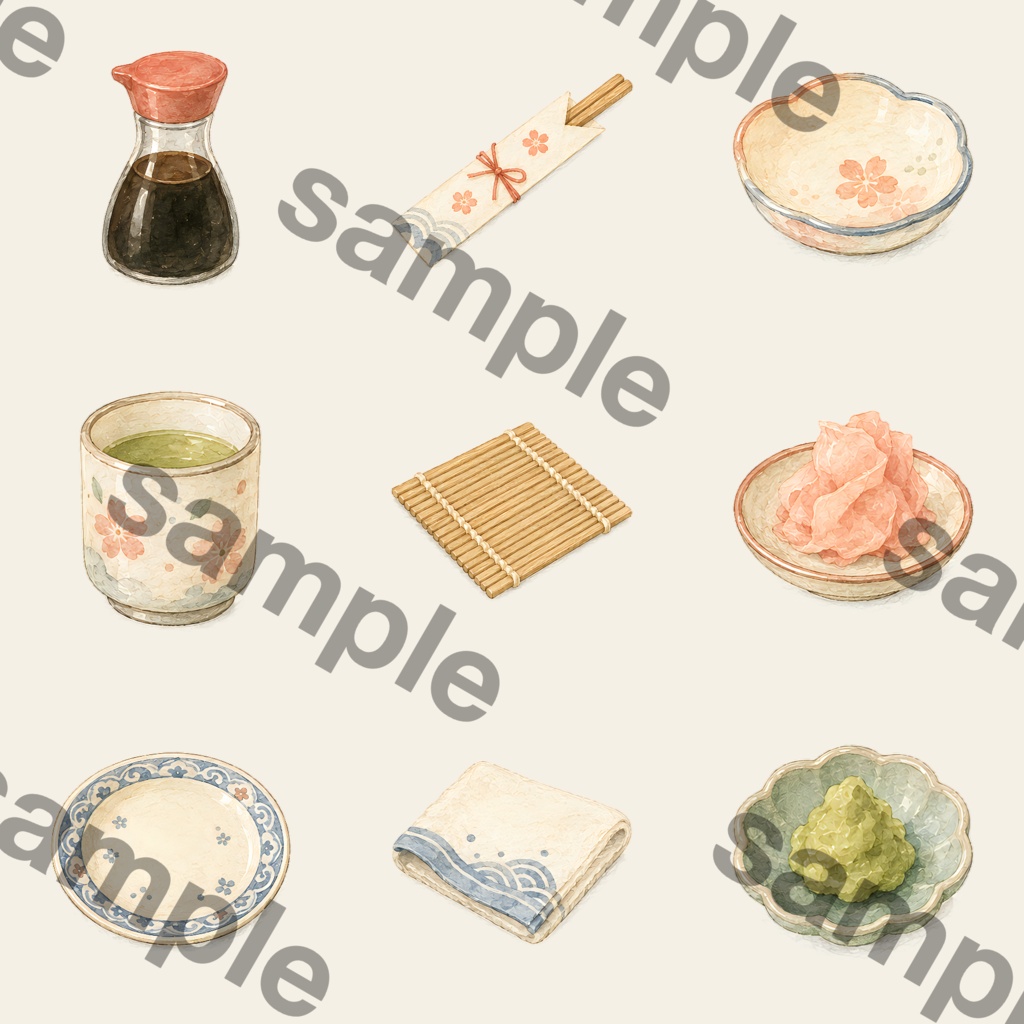 お寿司クリップアート素材集|かわいい和食イラスト|PNGデジタル素材