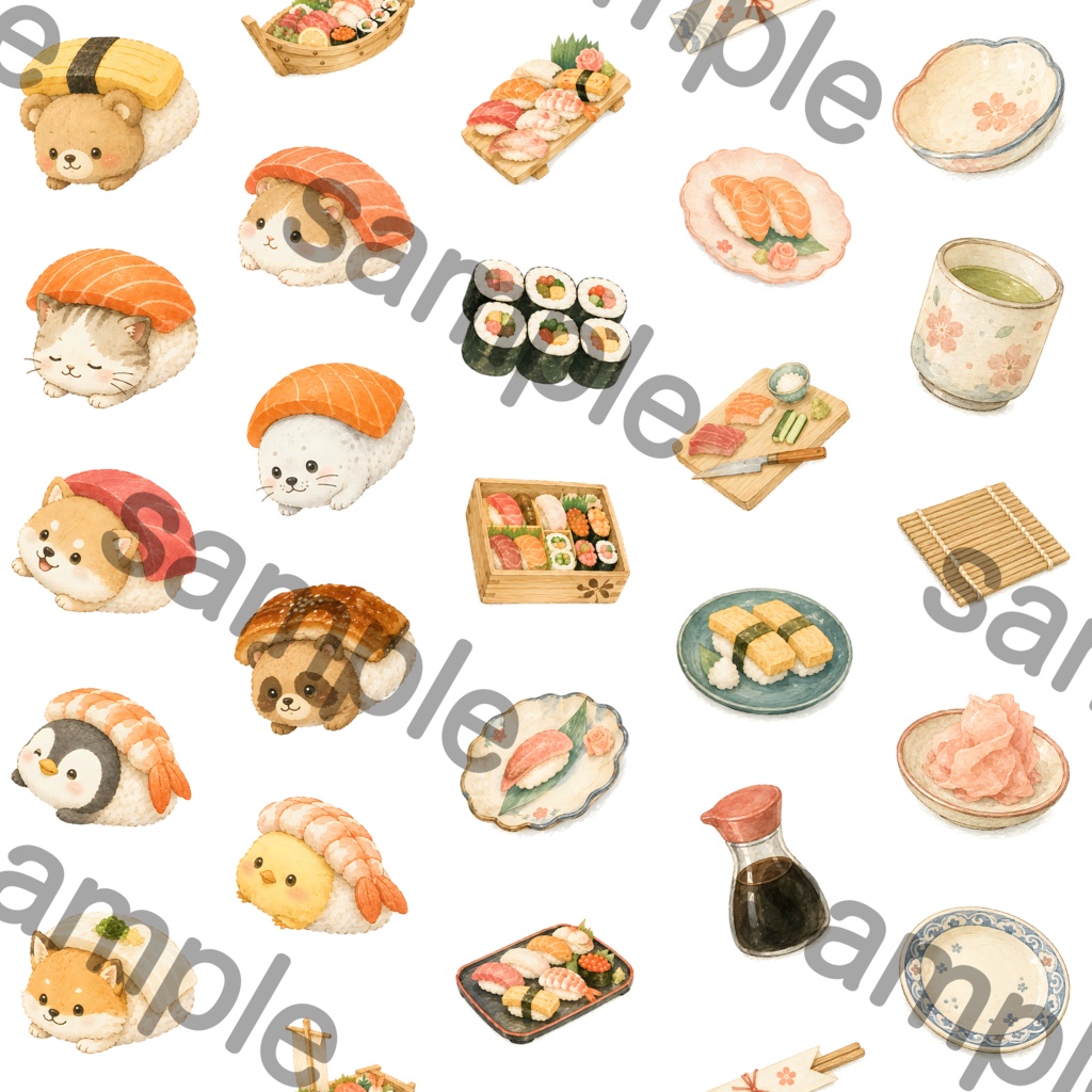 お寿司クリップアート素材集|かわいい和食イラスト|PNGデジタル素材