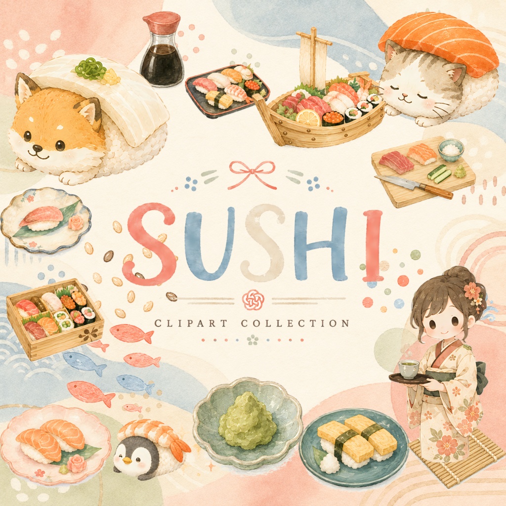 お寿司クリップアート素材集｜かわいい和食イラスト｜PNGデジタル素材