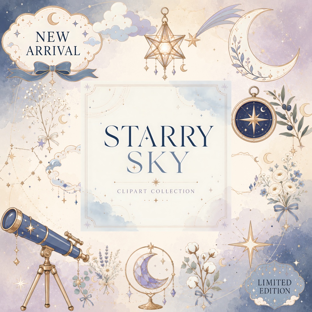夜空にきらめく♪月と星のアンティーク風クリップアート｜Canvaで使えるPNGデジタル素材
