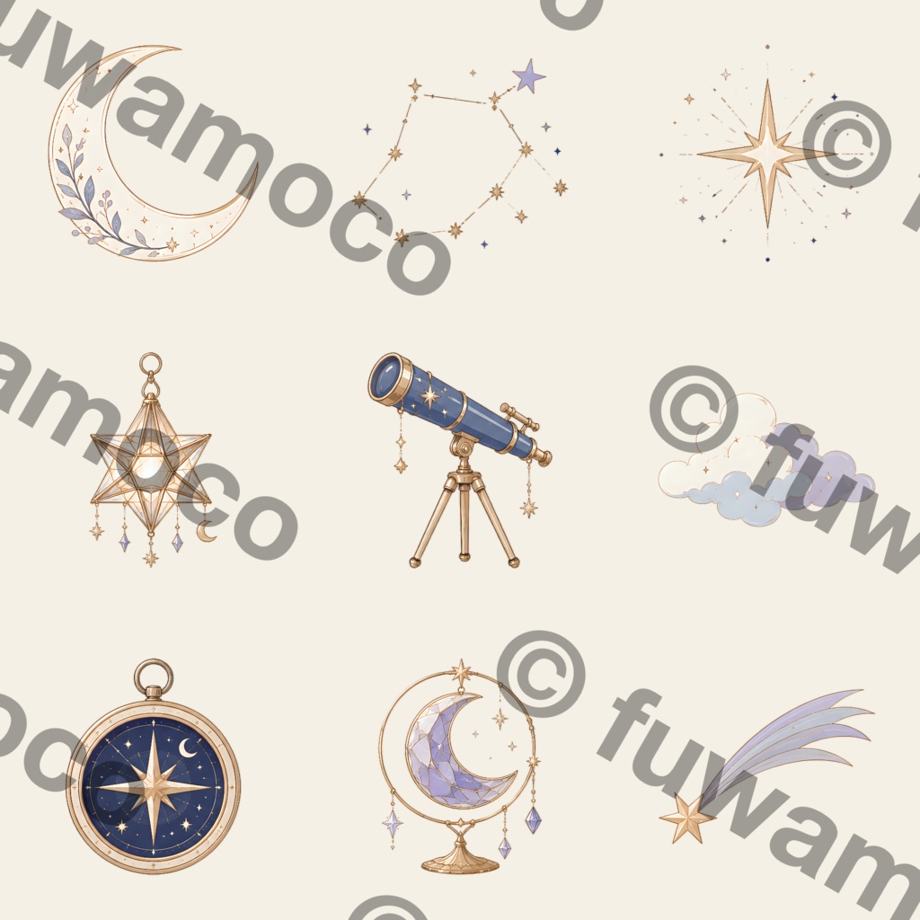 夜空にきらめく♪月と星のアンティーク風クリップアート|Canvaで使えるPNGデジタル素材