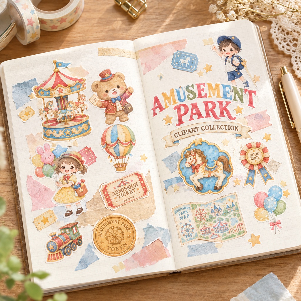 わくわく遊園地のレトロ素材|メリーゴーラウンドと気球の水彩風PNG・Canvaで使えるデジタル素材