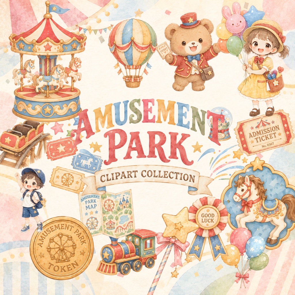 わくわく遊園地のレトロ素材｜メリーゴーラウンドと気球の水彩風PNG・Canvaで使えるデジタル素材