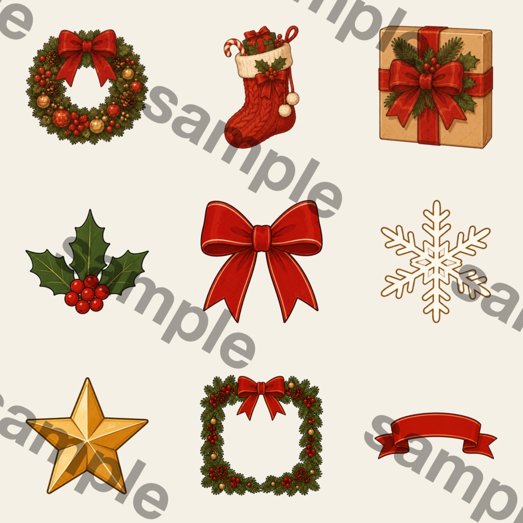 クリスマス時間を彩る|トナカイとリボンの水彩風PNG・Canvaで使えるデジタル素材