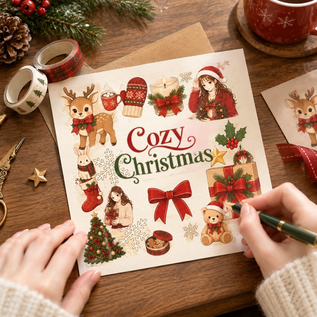 クリスマス時間を彩る|トナカイとリボンの水彩風PNG・Canvaで使えるデジタル素材