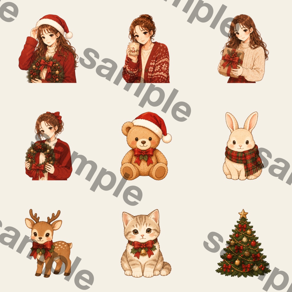 クリスマス時間を彩る|トナカイとリボンの水彩風PNG・Canvaで使えるデジタル素材