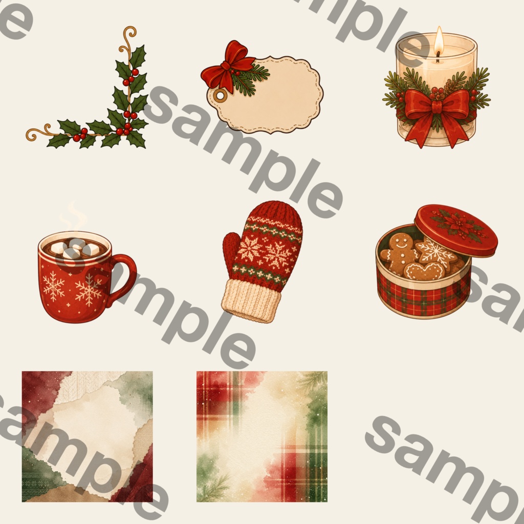 クリスマス時間を彩る|トナカイとリボンの水彩風PNG・Canvaで使えるデジタル素材