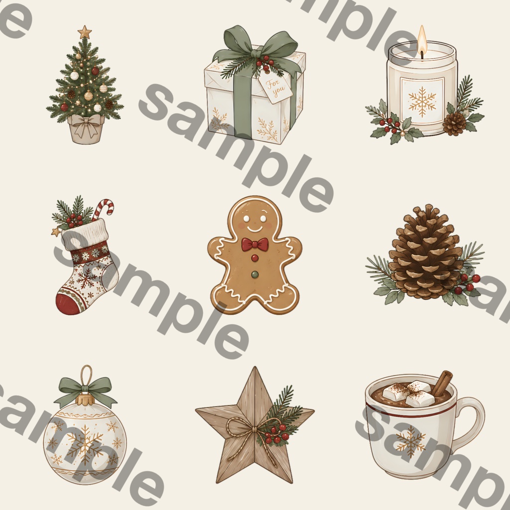 大人のクリスマスを楽しむ|松ぼっくりと星の上品な水彩風PNG・Canvaで使えるデジタル素材